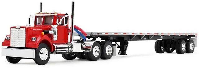 Alt view image 4 of 6 - White Western Star 4900 Day Cab with 48 Utility Flatbed Trailer Viper Red 1/64 Diecast Model made by DCP/First Gear