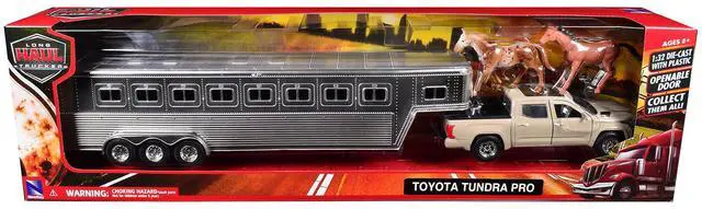 Main image of Toyota Tundra Pro Truck Beige with Trailer Chrome and Horse Figures "Long Haul Truckers" Series 1/32 Die Cast Model by New Ray