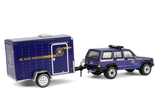 Alt view image 3 of 6 - 2001 Jeep Cherokee "New York State Police" Blue with Yellow Stripes & Small Cargo Trailer 1/64 Diecast Model Cars by Greenlight