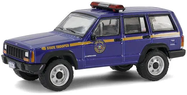 Alt view image 4 of 6 - 2001 Jeep Cherokee "New York State Police" Blue with Yellow Stripes & Small Cargo Trailer 1/64 Diecast Model Cars by Greenlight