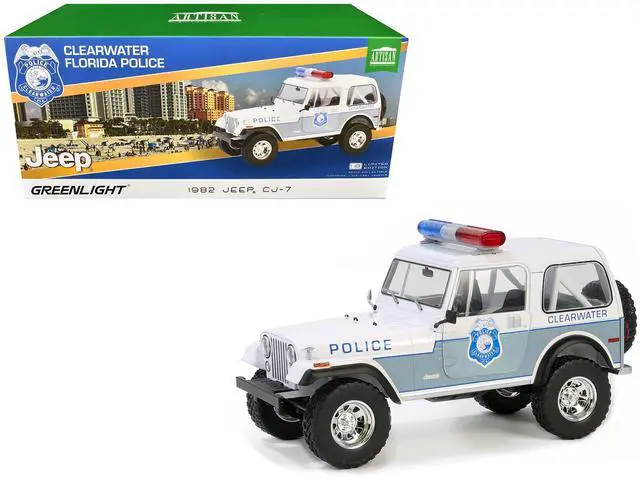 Main image of 1982 Jeep CJ-7 "Clearwater, Florida Police Department" White and Light Blue 1/18 Diecast Model Cars by Greenlight