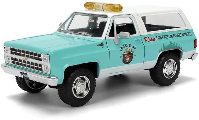 Alt view image 2 of 6 - 1980 Chevrolet Blazer Light Green with White Top and Graphics and Smokey Bear Diecast Figure 1/24 Diecast Model by Jada