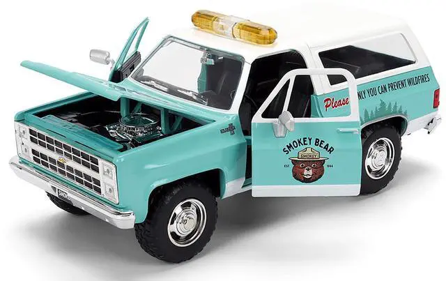Alt view image 3 of 6 - 1980 Chevrolet Blazer Light Green with White Top and Graphics and Smokey Bear Diecast Figure 1/24 Diecast Model by Jada
