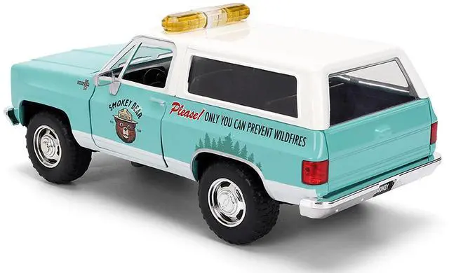 Alt view image 6 of 6 - 1980 Chevrolet Blazer Light Green with White Top and Graphics and Smokey Bear Diecast Figure 1/24 Diecast Model by Jada