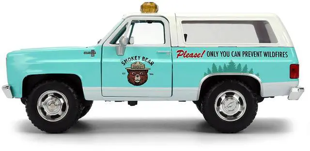 Alt view image 4 of 6 - 1980 Chevrolet Blazer Light Green with White Top and Graphics and Smokey Bear Diecast Figure 1/24 Diecast Model by Jada