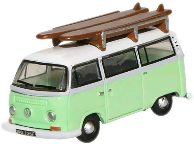 Alt view image 2 of 3 - Volkswagen T2 Minibus Light Green and White with Surfboard on Roof Rack 1/148 (N) Scale Diecast Model car by Oxford Diecast