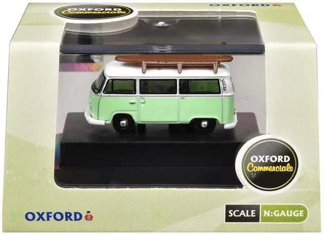 Alt view image 3 of 3 - Volkswagen T2 Minibus Light Green and White with Surfboard on Roof Rack 1/148 (N) Scale Diecast Model car by Oxford Diecast