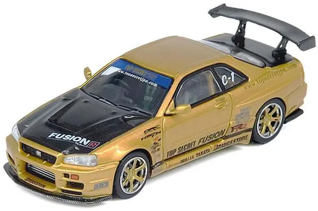 Alt view image 2 of 6 - Nissan Skyline GT-R (R34) RHD "Top Secret" Gold Metallic with Carbon Hood and Trunk 1/64 Diecast Model Car by Inno Models