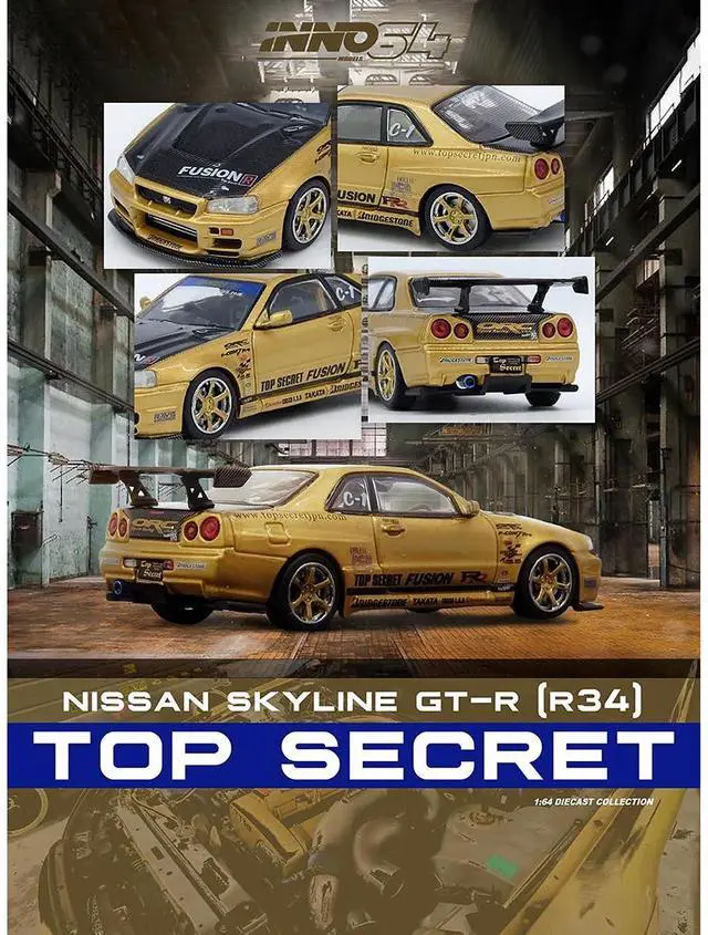 Alt view image 5 of 6 - Nissan Skyline GT-R (R34) RHD "Top Secret" Gold Metallic with Carbon Hood and Trunk 1/64 Diecast Model Car by Inno Models