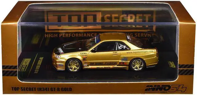 Alt view image 6 of 6 - Nissan Skyline GT-R (R34) RHD "Top Secret" Gold Metallic with Carbon Hood and Trunk 1/64 Diecast Model Car by Inno Models