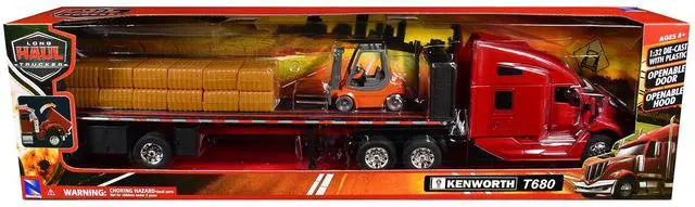 Alt view image 3 of 6 - Kenworth T680 Truck Red and Flatbed Trailer with Forklift and Hay Load "Long Haul Trucker" Series 1/32 Die Cast Model by New Ray