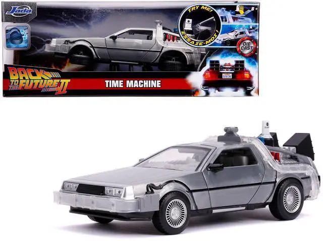 Alt view image 2 of 5 - DeLorean Brushed Metal Time Machine with Lights (Flying Version) \Back to the Future Part II\ (1989) Movie \"Hollywood Rides\" Series 1/24 Diecast Model Car by Jada"""