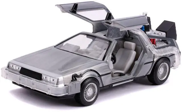 Alt view image 3 of 5 - DeLorean Brushed Metal Time Machine with Lights (Flying Version) \Back to the Future Part II\ (1989) Movie \"Hollywood Rides\" Series 1/24 Diecast Model Car by Jada"""