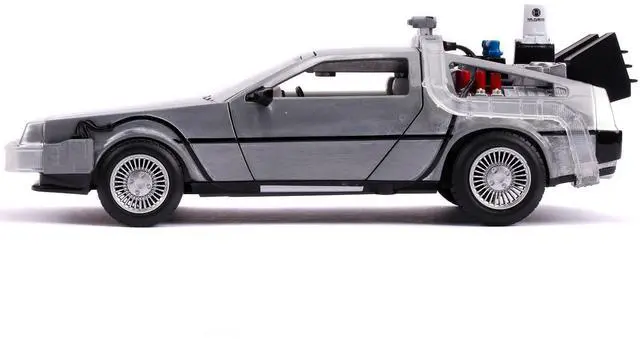 Alt view image 4 of 5 - DeLorean Brushed Metal Time Machine with Lights (Flying Version) \Back to the Future Part II\ (1989) Movie \"Hollywood Rides\" Series 1/24 Diecast Model Car by Jada"""