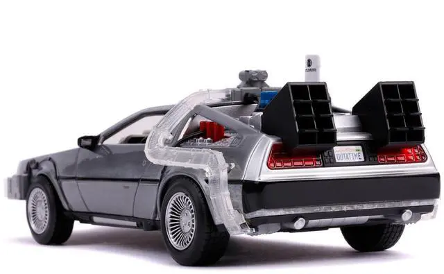 Alt view image 5 of 5 - DeLorean Brushed Metal Time Machine with Lights (Flying Version) \Back to the Future Part II\ (1989) Movie \"Hollywood Rides\" Series 1/24 Diecast Model Car by Jada"""