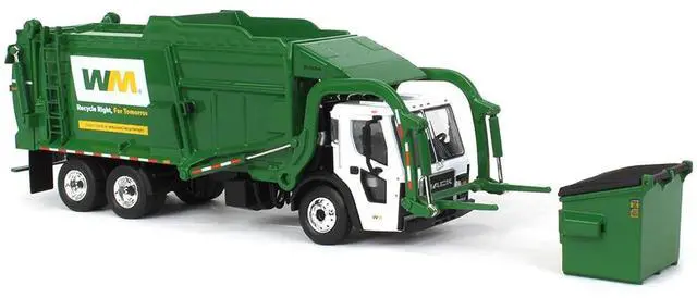 Alt view image 4 of 6 - Mack LR Garbage Truck with McNeilus Meridian Front Load Refuse Body White & Green w/Refuse Bin 1/64 Diecast Model by First Gear