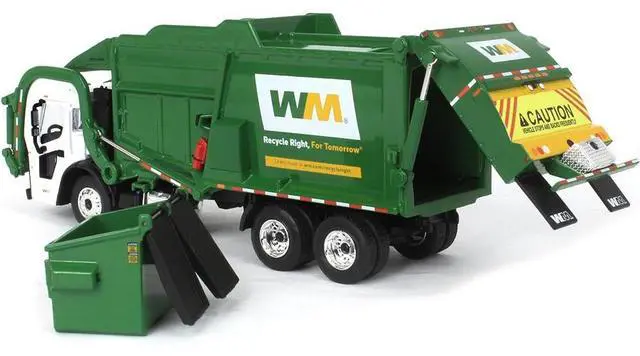 Alt view image 6 of 6 - Mack LR Garbage Truck with McNeilus Meridian Front Load Refuse Body White & Green w/Refuse Bin 1/64 Diecast Model by First Gear