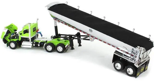 Alt view image 4 of 6 - Kenworth W990 Day Cab and MAC Half-Round Tandem-Axle Dump Trailer Lime Green and Black 1/64 Diecast Model by DCP/First Gear