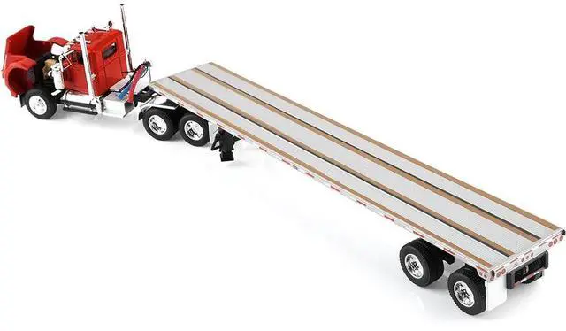 Alt view image 5 of 6 - White Western Star 4900 Day Cab with 48 Utility Flatbed Trailer Viper Red 1/64 Diecast Model made by DCP/First Gear