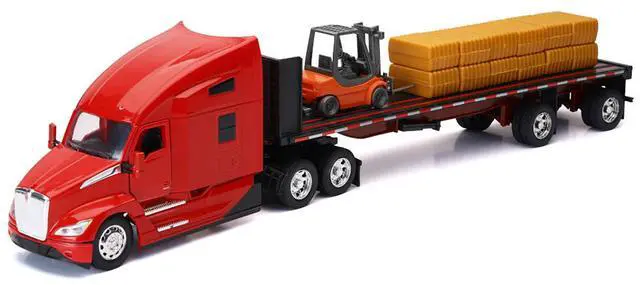 Alt view image 5 of 6 - Kenworth T680 Truck Red and Flatbed Trailer with Forklift and Hay Load "Long Haul Trucker" Series 1/32 Die Cast Model by New Ray