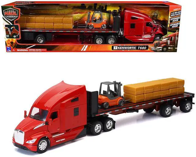 Alt view image 6 of 6 - Kenworth T680 Truck Red and Flatbed Trailer with Forklift and Hay Load "Long Haul Trucker" Series 1/32 Die Cast Model by New Ray