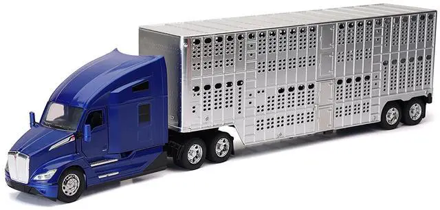 Alt view image 4 of 6 - Kenworth T680 Truck Blue Metallic with Livestock Trailer Chrome "Long Haul Trucker" Series 1/32 Die Cast Model by New Ray