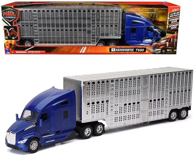 Alt view image 6 of 6 - Kenworth T680 Truck Blue Metallic with Livestock Trailer Chrome "Long Haul Trucker" Series 1/32 Die Cast Model by New Ray