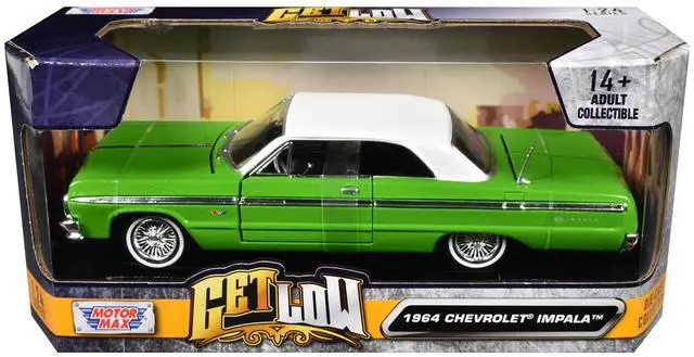 Alt view image 3 of 3 - 1964 Chevrolet Impala Lowrider Hard Top Green with White Top "Get Low" Series 1/24 Diecast Model Car by Motormax