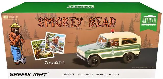 Alt view image 3 of 3 - 1967 Ford Bronco "Smokey Bear Forest Ranger" Green and Cream with White Stripes 1/18 Diecast Model Car by Greenlight