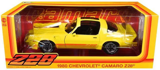 Alt view image 3 of 3 - 1980 Chevrolet Camaro Z28 with T-Tops Bright Yellow with Stripes 1/18 Diecast Model Car by Greenlight