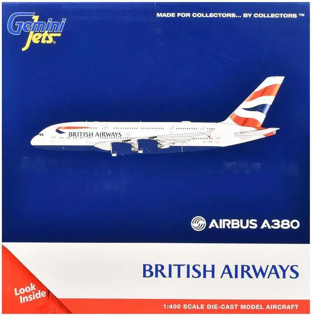 Alt view image 6 of 6 - Airbus A380 Commercial Aircraft "British Airways" (G-XLEE) White with Striped Tail 1/400 Diecast Model Airplane by GeminiJets