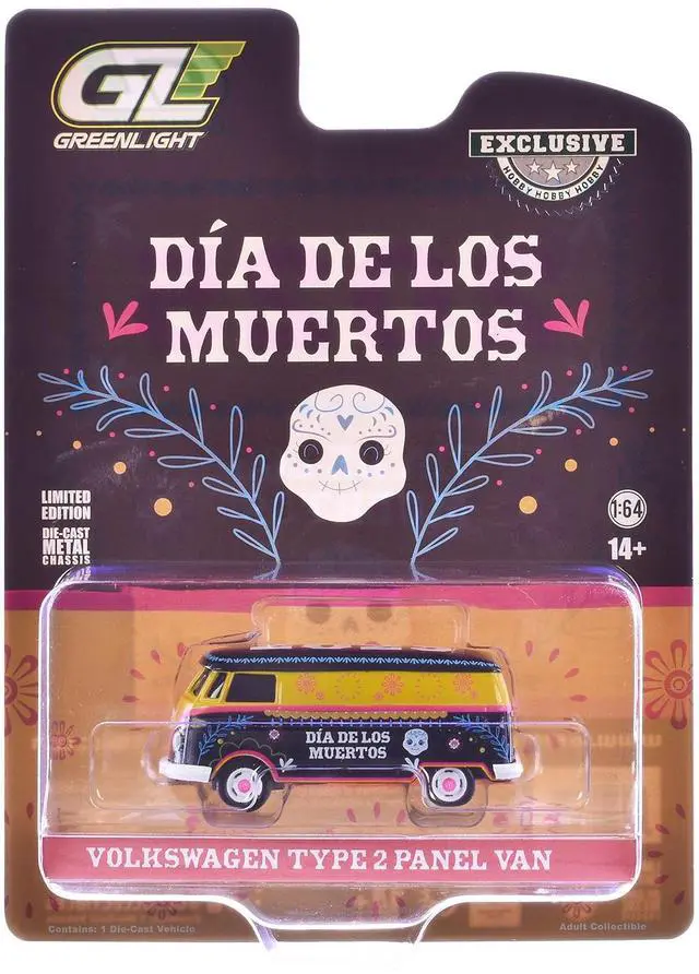 Main image of Volkswagen Type 2 Panel Van "Day of the Dead Dia de los Muertos 2025" Black & Yellow w/Graphics 1/64 Diecast Model by Greenlight