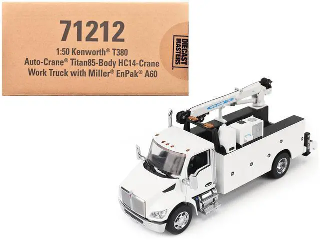 Main image of Kenworth T380 Auto-Crane Titan 85-Body HC14-Crane Work Truck with Miller EnPak White 1/50 Diecast Model by Diecast Masters