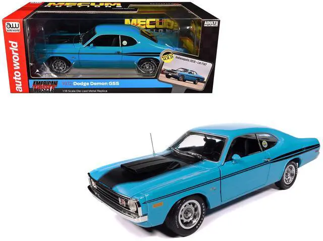 Main image of 1972 Dodge Demon GSS "Mecum Auctions" Petty Blue with Black "American Muscle" Series 1/18 Diecast Model Car by Auto World