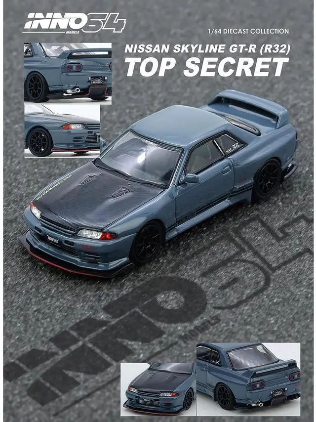 Alt view image 2 of 2 - Nissan Skyline "Top Secret" GT-R (R32) RHD Stealth Gray with Carbon Hood 1/64 Diecast Model Car by Inno Models