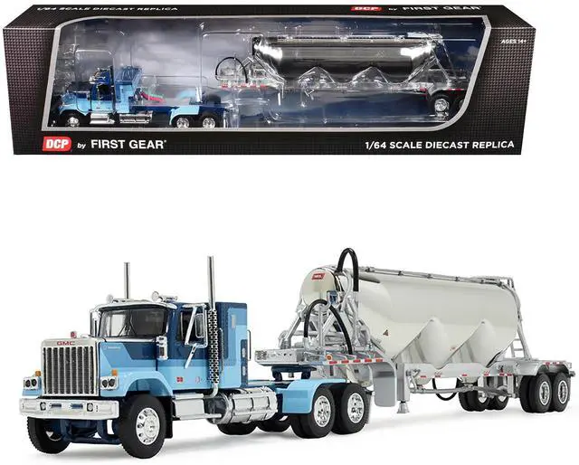 Main image of GMC General with 34" Flat Top Sleeper and Heil Pneumatic Tank Trailer Blue with Stripes 1/64 Diecast Model made by DCP/First Gear