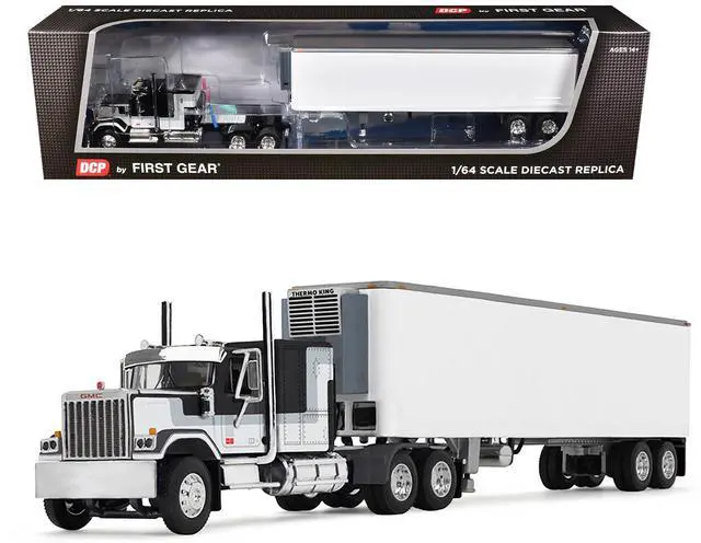 Main image of GMC General with 60" Flat Top Sleeper and 40' Vintage Trailer Black with Gray and White 1/64 Diecast Model made by DCP/First Gear