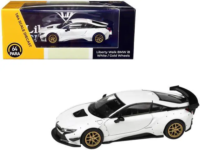 Alt view image 5 of 8 - i8 Liberty Walk White with Gold Wheels 1/64 Diecast Model Car by Paragon Models