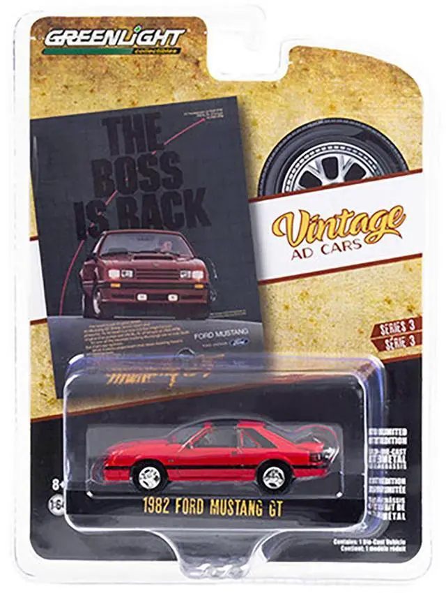 Alt view image 3 of 3 - 1982 Ford Mustang GT Red with Black Stripes "The Boss is Back" "Vintage Ad Cars" Series 3 1/64 Diecast Model Car by Greenlight