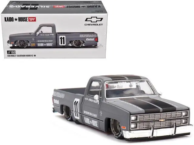 Main image of Chevrolet Silverado "KAIDO V2" Pickup Truck #11 Gray with Black Stripes "Kaido House" Special 1/64 Diecast Model Car by Mini GT