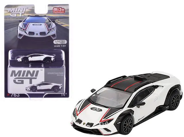 Main image of Lamborghini Huracan Sterrato Bianco Asopo White Metallic with Red Stripes and Matt Black Top 1/64 Diecast Model Car by Mini GT