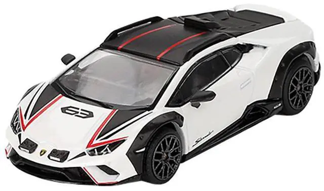 Alt view image 5 of 6 - Lamborghini Huracan Sterrato Bianco Asopo White Metallic with Red Stripes and Matt Black Top 1/64 Diecast Model Car by Mini GT
