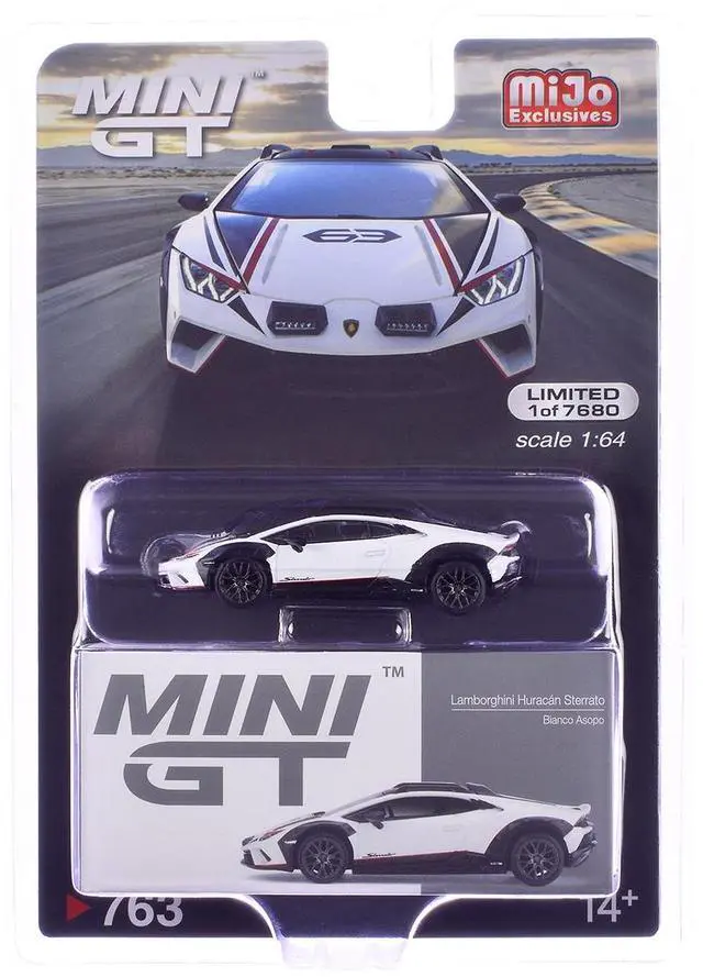 Alt view image 6 of 6 - Lamborghini Huracan Sterrato Bianco Asopo White Metallic with Red Stripes and Matt Black Top 1/64 Diecast Model Car by Mini GT
