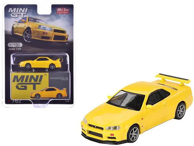 Main image of Nissan Skyline GT-R (R34) V-Spec RHD (Right Hand Drive) Lightning Yellow Limited Edition 1/64 Diecast Model Car by Mini GT