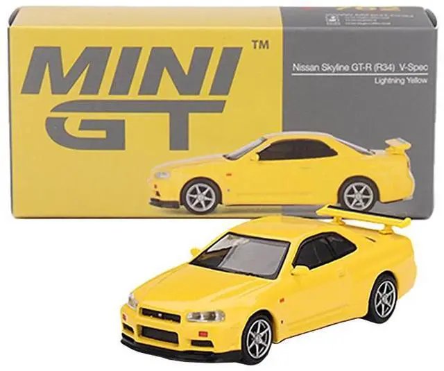 Alt view image 5 of 6 - Nissan Skyline GT-R (R34) V-Spec RHD (Right Hand Drive) Lightning Yellow Limited Edition 1/64 Diecast Model Car by Mini GT