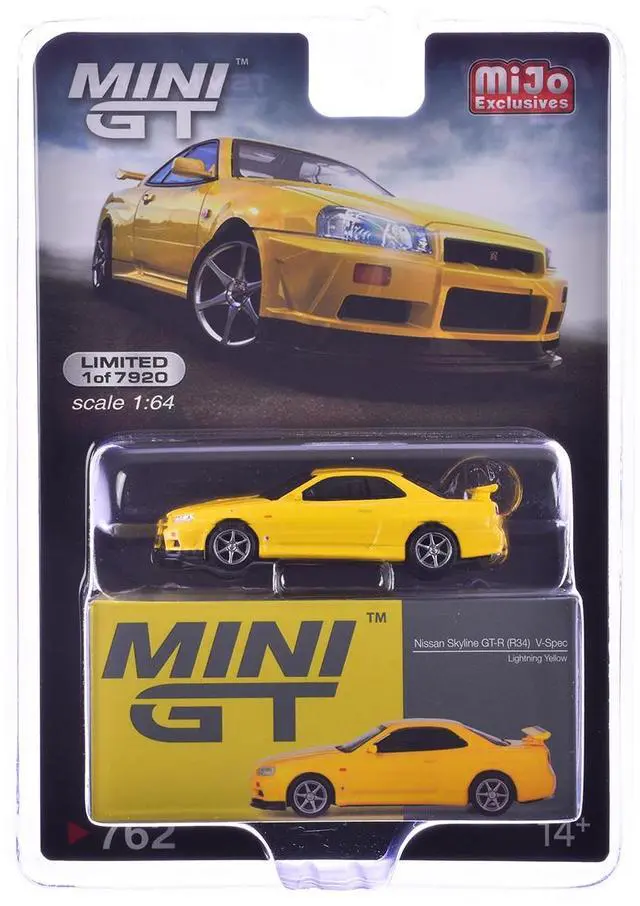 Alt view image 6 of 6 - Nissan Skyline GT-R (R34) V-Spec RHD (Right Hand Drive) Lightning Yellow Limited Edition 1/64 Diecast Model Car by Mini GT