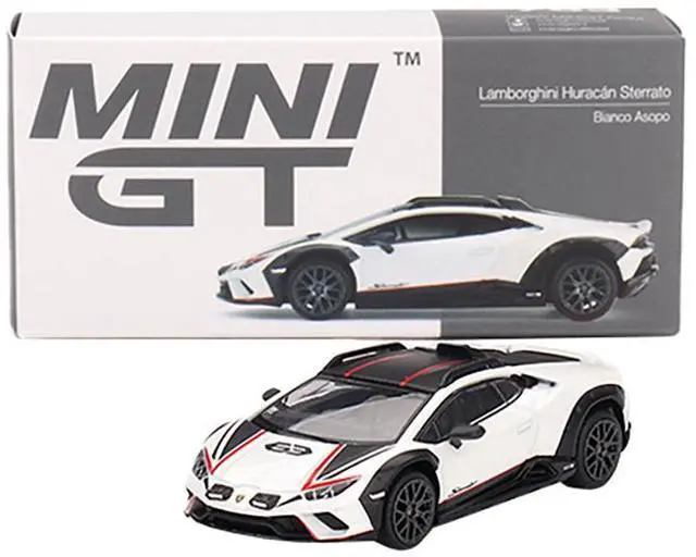 Alt view image 4 of 6 - Lamborghini Huracan Sterrato Bianco Asopo White Metallic with Red Stripes and Matt Black Top 1/64 Diecast Model Car by Mini GT
