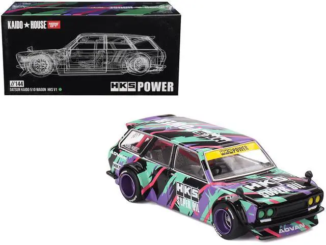 Main image of Datsun 510 Wagon RHD "HKS V1" Black with Graphics (Designed by Jun Imai) "Kaido House" Special 1/64 Diecast Model Car by Mini GT