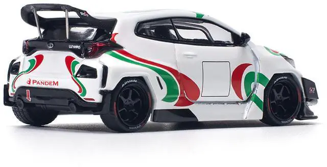 Alt view image 4 of 6 - Toyota Pandem GR Yaris RHD "Rally Livery" White with Red and Green Graphics 1/64 Diecast Model Car by Pop Race