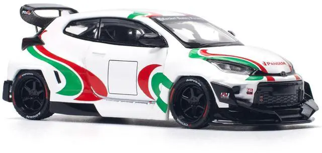 Alt view image 5 of 6 - Toyota Pandem GR Yaris RHD "Rally Livery" White with Red and Green Graphics 1/64 Diecast Model Car by Pop Race